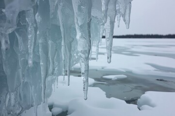 Frozen water droplets dangling above the chilly surface