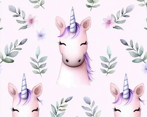 Obraz premium Cute watercolor unicorn pattern with flowers. Nursery magic unicorn patterns. Princess rainbow texture. Trendy pink cartoon pony horse. Adorable dreamy equine repeat design