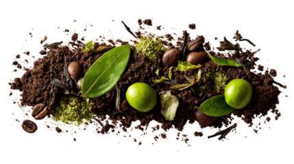 Food waste including coffee grounds and tea leaves background isolated on a Transparent background, PNG file.