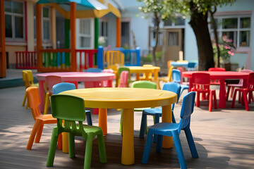 Obraz premium A vibrant outdoor play area featuring colorful plastic tables and chairs, designed for children to enjoy creative play and social interaction in nature.