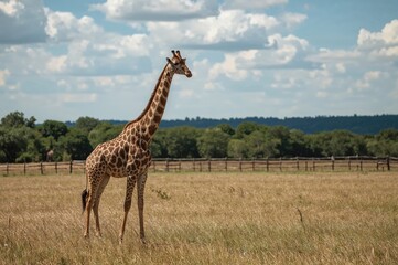 A lone giraffe towers elegantly in an open plain, with an old wooden fence merging into the scenery behind it
