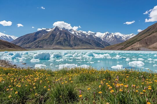 Frozen turquoise waters at high-altitude mountain lake