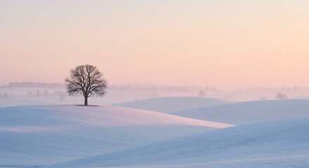 Solitary tree on a snowcovered hill at sunrise