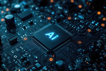 Artificial intelligence theme, detailed view of a microchip with illuminated AI interface on a circuit board, advanced futuristic tech background.
