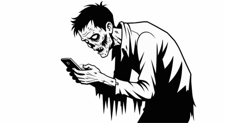 Digital Zombie Staring at Smartphone Screen Illustration