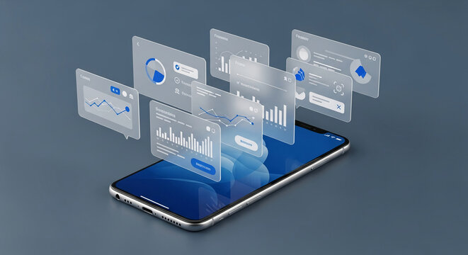 Smartphone displaying interactive charts and graphs, showcasing mobile data analytics and business intelligence, ideal for app marketing or technology presentations