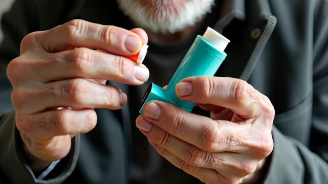 inhaler asthma, breathing relief, emergency inhalation. Respiratory health. Airways expand during medication inhale. Immediate bronchodilation improves airflow quality. Pulmonary function stabilizes