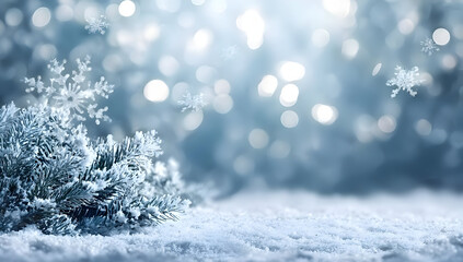 A tranquil winter scene featuring a snow-covered landscape with soft snowflakes falling against a backdrop of shimmering, cool blue hues.