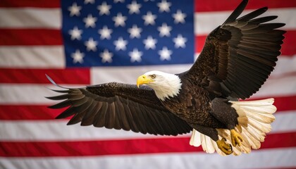Naklejka premium Bald Eagle in Flight with a Soft American Flag in Background, Depicting Power, Freedom, and the Sacred Spirit of National Independence