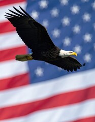 Naklejka premium Bald Eagle in Flight with a Soft American Flag in Background, Depicting Power, Freedom, and the Sacred Spirit of National Independence