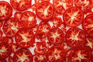 Photo of red chili peppers cut into slices on a plain white background