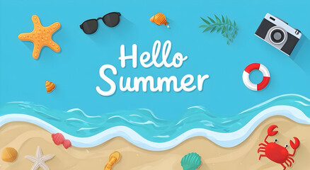 A vibrant beach scene welcoming summer with playful elements like sunglasses, a camera, and colorful sea shells, evoking joy and relaxation.
