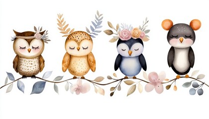 Fototapeta premium Hand drawn watercolor owl mouse and bird dancing animals. Boho nursery decoration illustrations music trendy art. Perfect for fabric design. Whimsical avian rodent choreography quaint