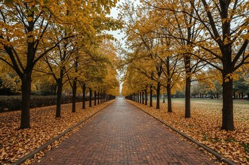 Naklejka premium Winding pathway lined with yellow-leaved trees during autumn in a park