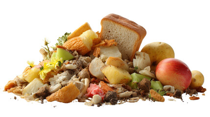 Food waste including crushed bread and moldy fruit background isolated on a Transparent background, PNG file.