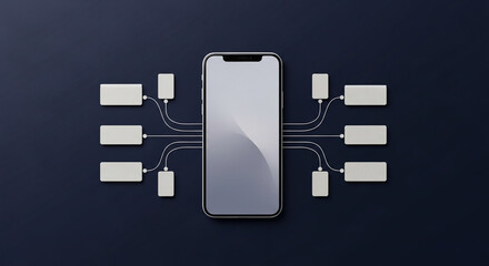 Smartphone mockup with blank rectangular panels connected by thin lines, showcasing app integration or network connectivity, ideal for technology or business presentations