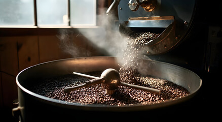 Freshly roasted coffee beans in a roasting machine, releasing steam and aroma. Perfect for showcasing coffee culture, brewing processes, and culinary arts.