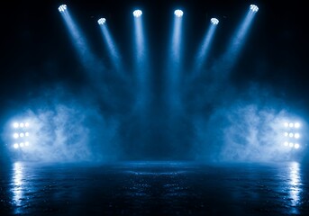 Naklejka premium Stage with blue spotlights and smoke