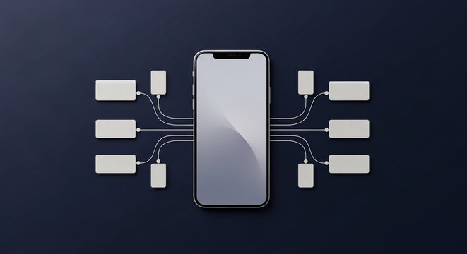 Smartphone mockup with blank rectangular panels connected by thin lines, showcasing app integration or network connectivity, ideal for technology or business presentations
