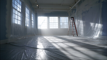 Bright room filled with sunlight showcasing a recently renovated space with a ladder waiting for finishing touches