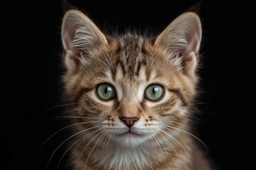 A stunning kitten with a light brown mackerel tabby coat and vivid light green eyes captivates our gaze.