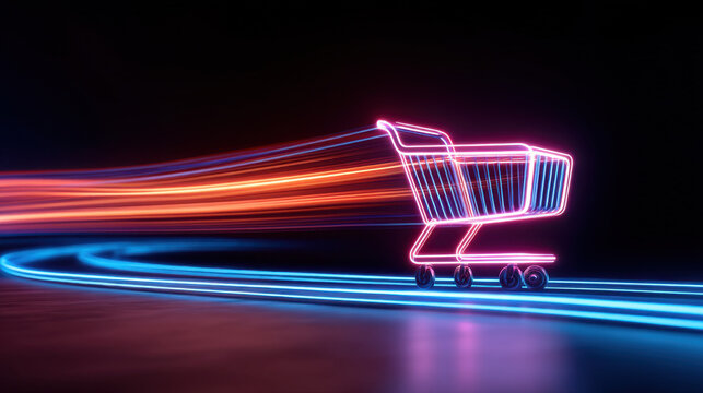 Glowing shopping cart moves swiftly along vibrant path of light, creating sense of speed and excitement in modern shopping experience