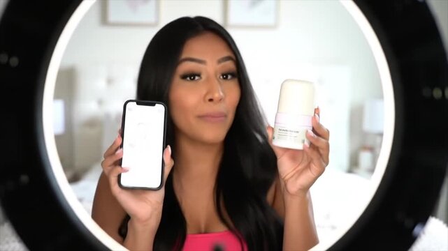 Female creator filming a live shopping stream on her smartphone. E-commerce, influencer, UGC concept.