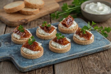 Appetizers featuring anchovies, cream cheese, and olive spread garnished with fresh parsley on a blue wooden board