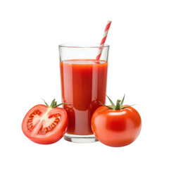 A tall glass of tomato juice with a red and white striped straw on transparent background