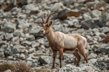 Obraz premium Mountain goat standing among rocks in a rugged landscape. Rupicapra rupicapra.