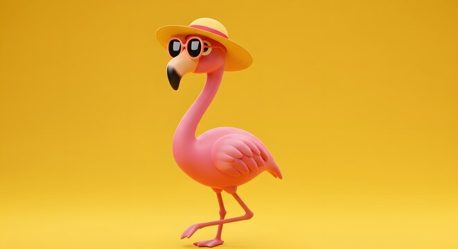 A cartoon flamingo with a hat and sunglasses stands on a yellow background
