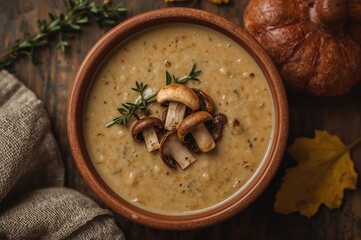 Creamy autumn soup featuring fresh chanterelle mushrooms and thyme, overhead shot with space for text.