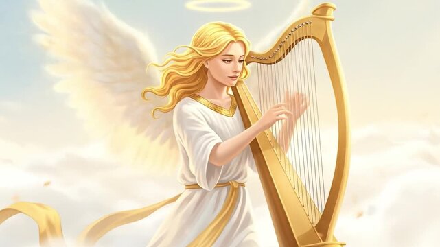 Angelic woman with golden wings playing harp in heavenly clouds with divine spiritual light