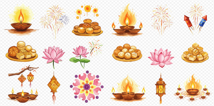 A collection of watercolor illustrations featuring traditional Diwali festival elements like diya lamps, sweets, fireworks, lanterns, and lotus flowers.