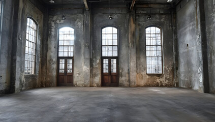 An expansive, industrial interior featuring weathered walls and large windows that allow natural light to flood the space, perfect for creative uses.