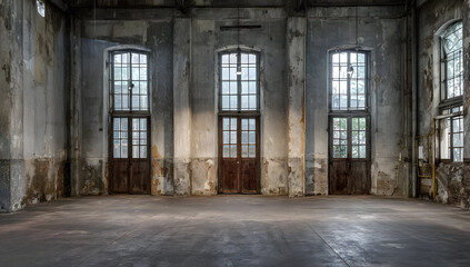 Fototapeta premium An empty, weathered room featuring exposed brick and large, vintage windows. The abandoned space presents a hauntingly beautiful atmosphere.