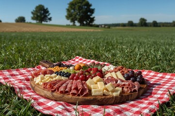 Assorted cold meats, cheeses, and fresh fruits arranged on a picnic blanket