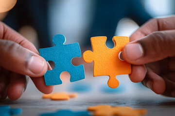 Two hands connecting colorful puzzle pieces, symbolizing teamwork, collaboration, and problem-solving in a professional environment.