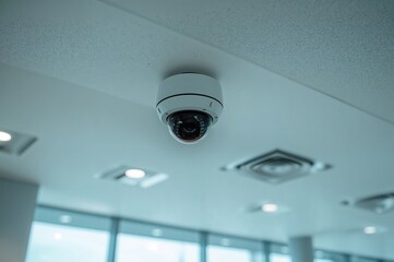 Contemporary surveillance camera installed on office ceiling with empty space for text. Advanced theft prevention technology. Digital monitoring device. Security system.