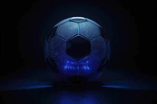 Futuristic neon-lit soccer ball glowing blue against a dark backdrop with space for text in a 3D digital artwork. - Powered by Adobe