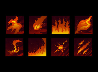 set of fantasy game ui skill spell fire flame button with fire ball, blast, explosion, slash, burn