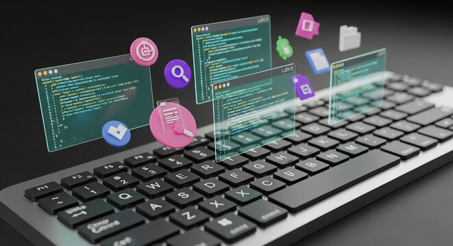 Keyboard with holographic code snippets and app icons floating above, showcasing software development, digital technology, and innovation
