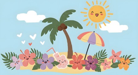 Obraz premium Beach scene with palm tree smiling sun flowers a drink and beach umbrella set against a light blue sky