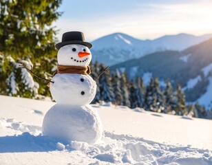 Fototapeta premium Snowy Snowman in Mountain Winter Landscape.