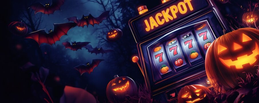 Halloween-themed slot machine displaying a jackpot with carved pumpkins and bats flying in a spooky forest