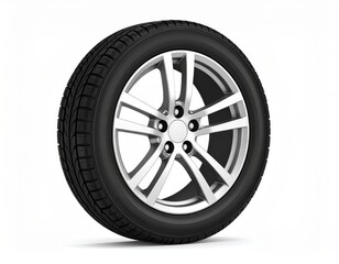 Fototapeta premium Single Silver Alloy Wheel With Black Tire Isolated On White Background