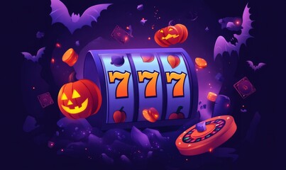 Halloween-themed slot machine displays a 777 jackpot, surrounded by bats, pumpkins, and casino chips, creating a spooky gambling atmosphere