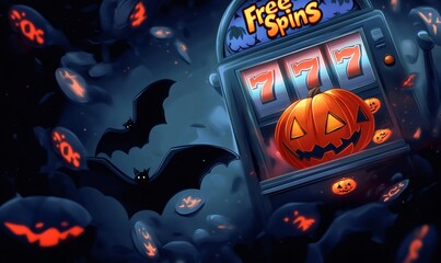 Halloween-themed slot machine showing a jackpot with 777, surrounded by flying bats, pumpkins, and coins in a dark and spooky atmosphere