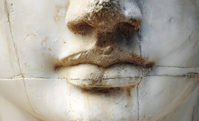 Close-up view of an ancient sculpture's face, showcasing intricate details of features carved into stone, reflecting historical artistry and craftsmanship.