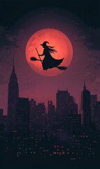 Silhouette of witch flying on broomstick over new york city skyline with large red moon in background, creating spooky halloween scene